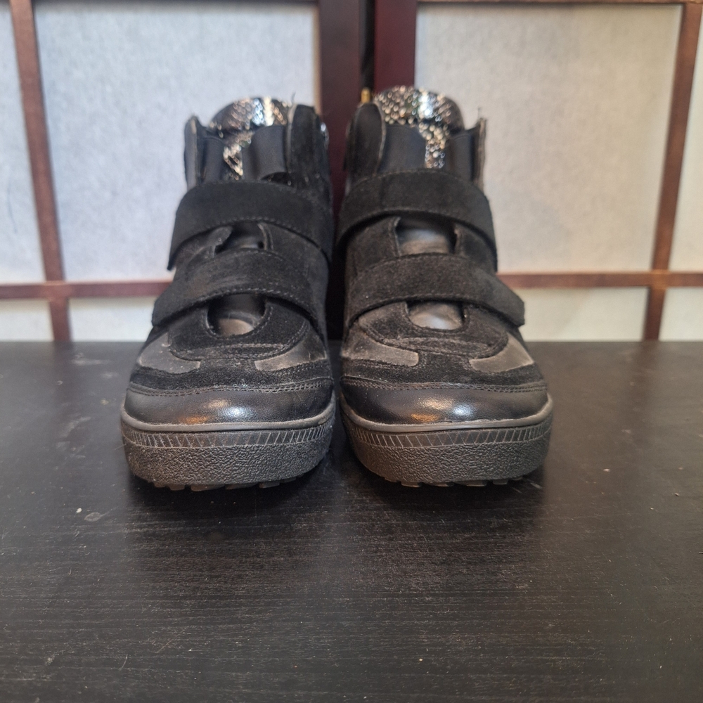 Women’s Black Suede & Leather High-Top Sneakers with Velcro Straps
